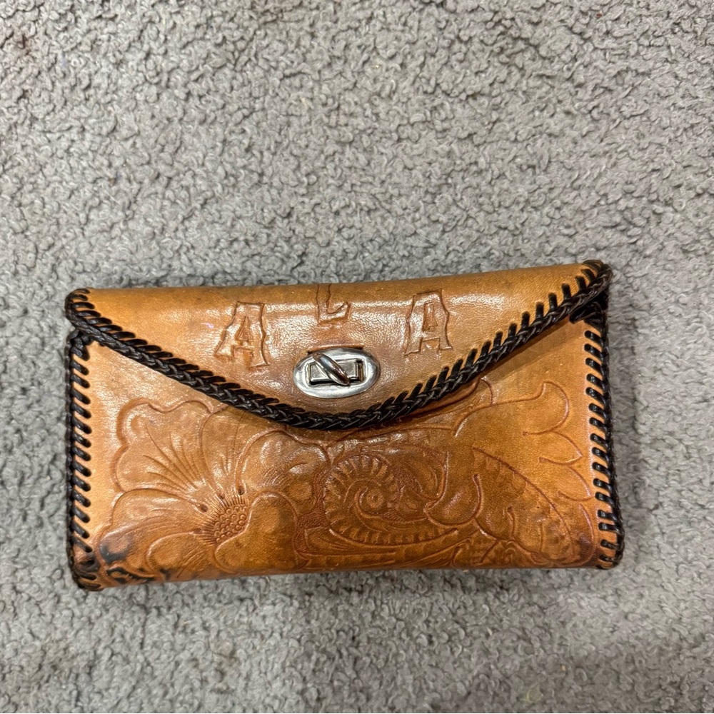 Brown Leather Clutch with Floral Design